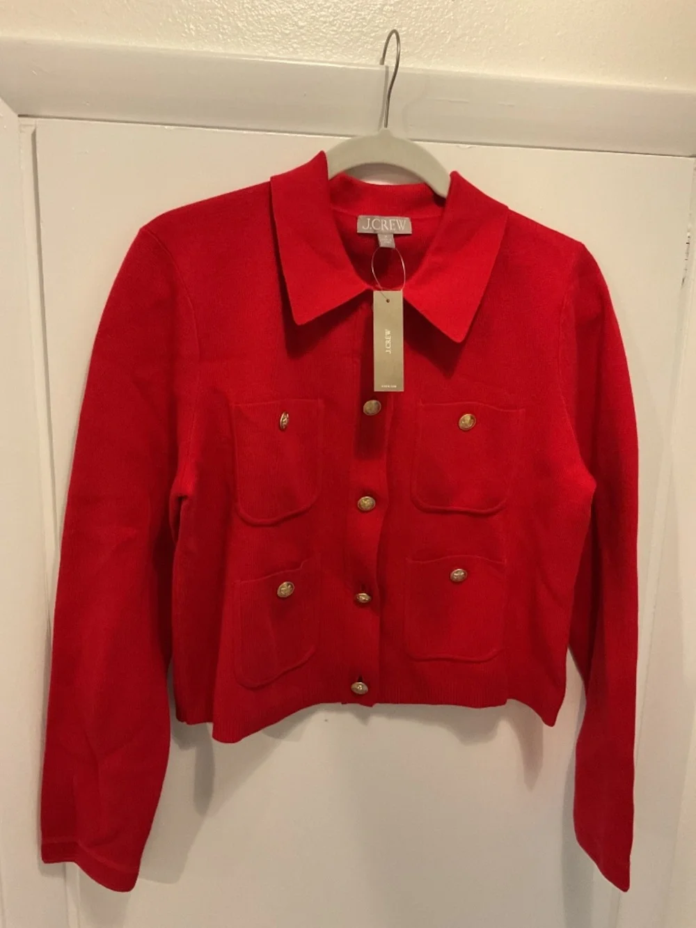 Jcrew Long Sleeve Gold Button Cardigan, Cherry Red, Size Medium
